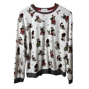 PJ Salvage Holiday Dog Print Top White Gray Small Cozy‎ Christmas